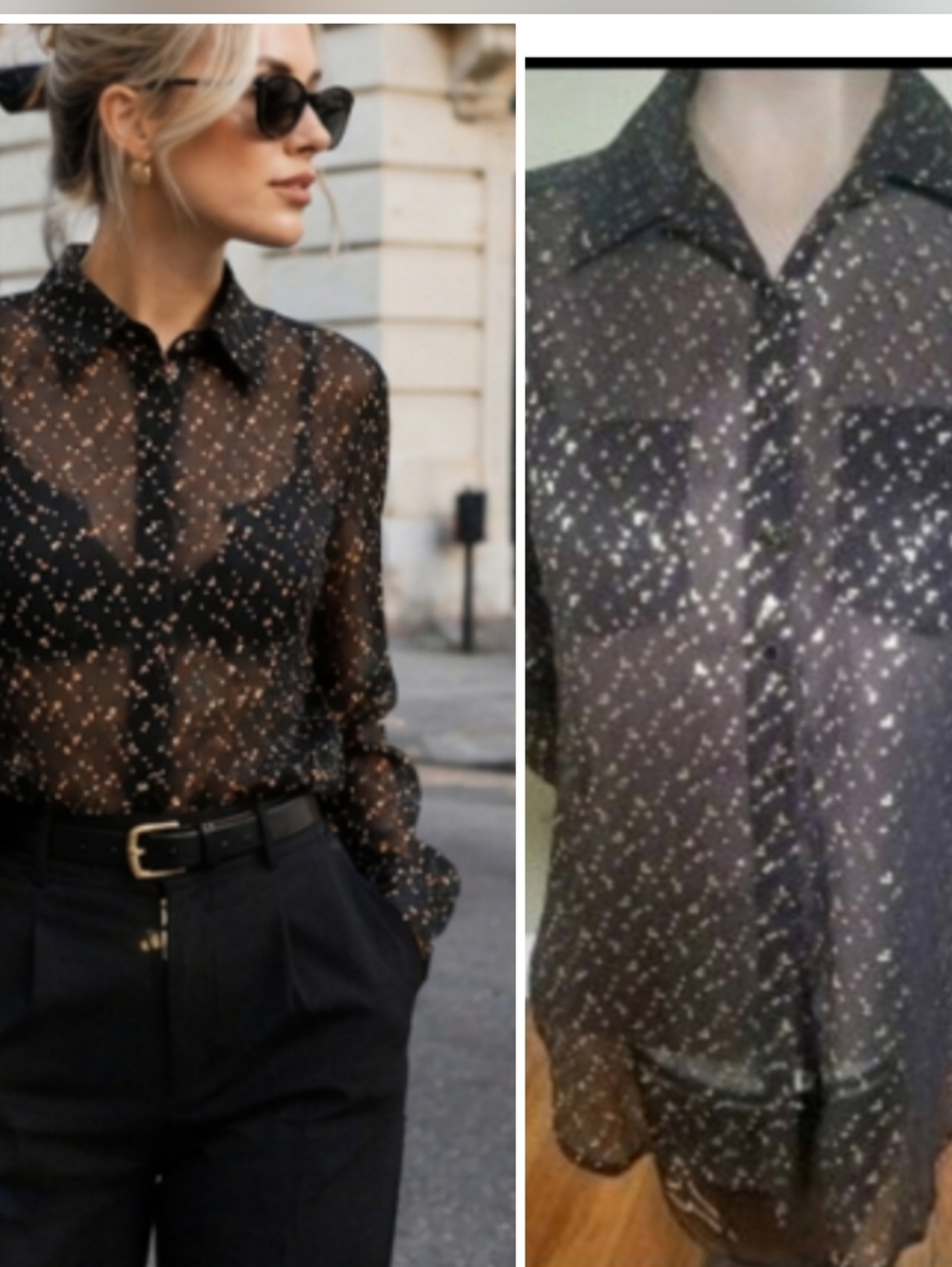 GUESS Sheer Black Sparkle Button-Up Blouse ✨ Chic Night Out Top